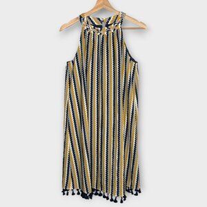 THML Dress SMALL Gold Blue Stripe Fringe Resortcore NEW